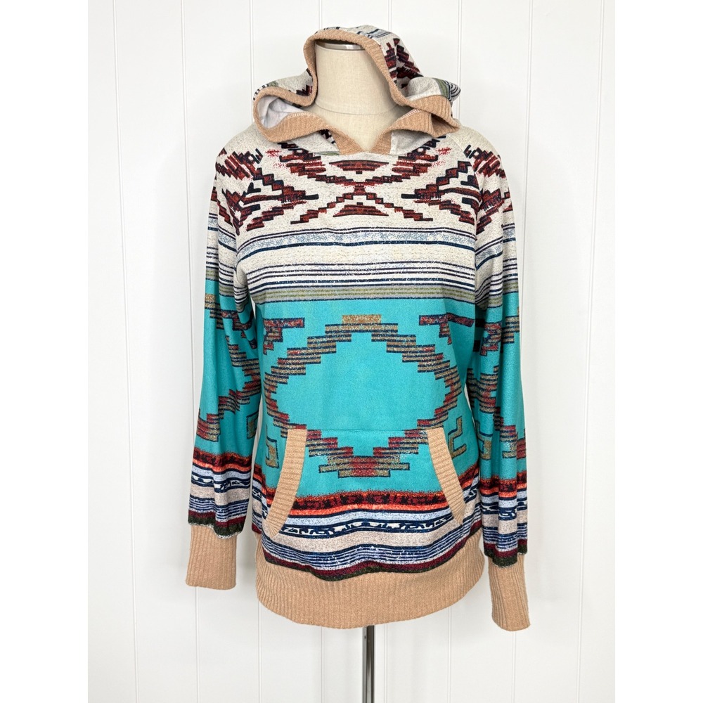Aztec Geometric Hoodie Women Medium Turquoise Boho Southwest Tribal Western